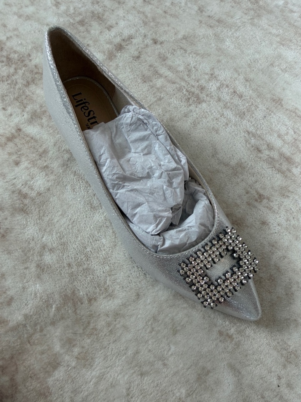 Life Stride Silver Pointed Toe Crystal Buckle Flat